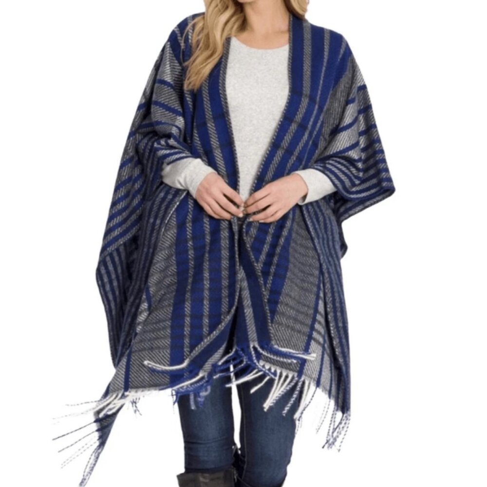 Woolrich Riley Color Block Cozy Plaid Flannel Fringe Trim Blanket Wrap Blue/Gray